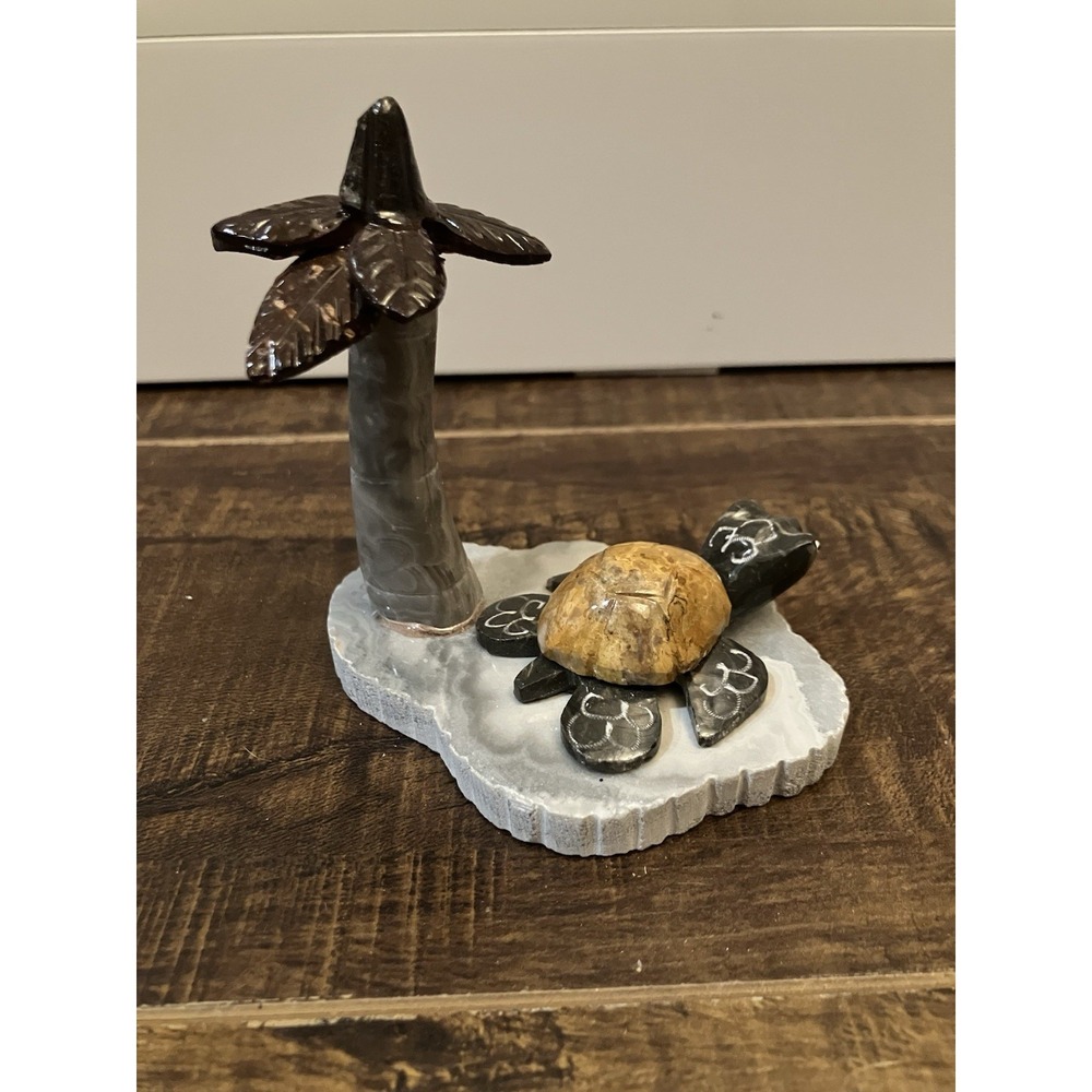 Vintage Stone Turtle Palm Tree Figurine Carved Onyx Marble Agate Sculpture